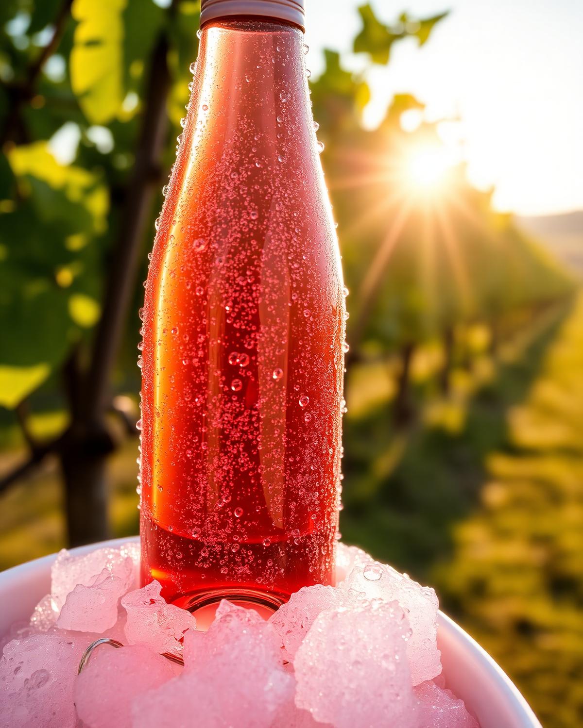 Chilled rosé wine bottle in a sunlit vineyard